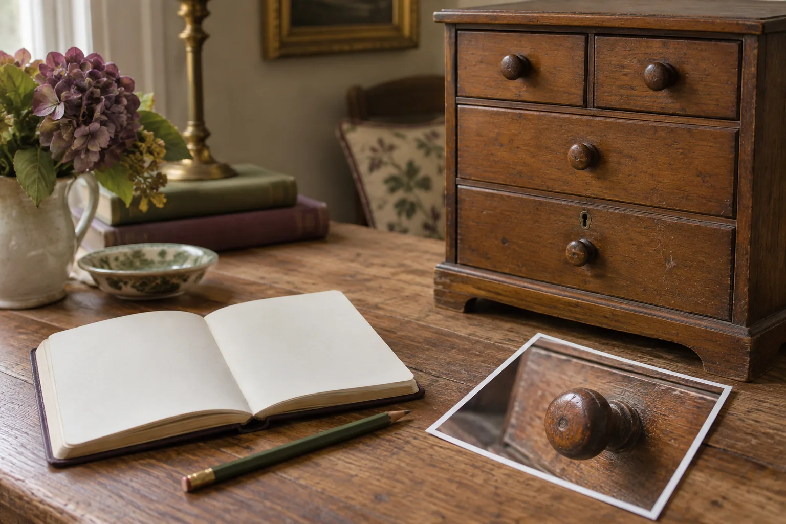 An open notebook beside a small wooden cabinet and a photograph of its drawer knob.