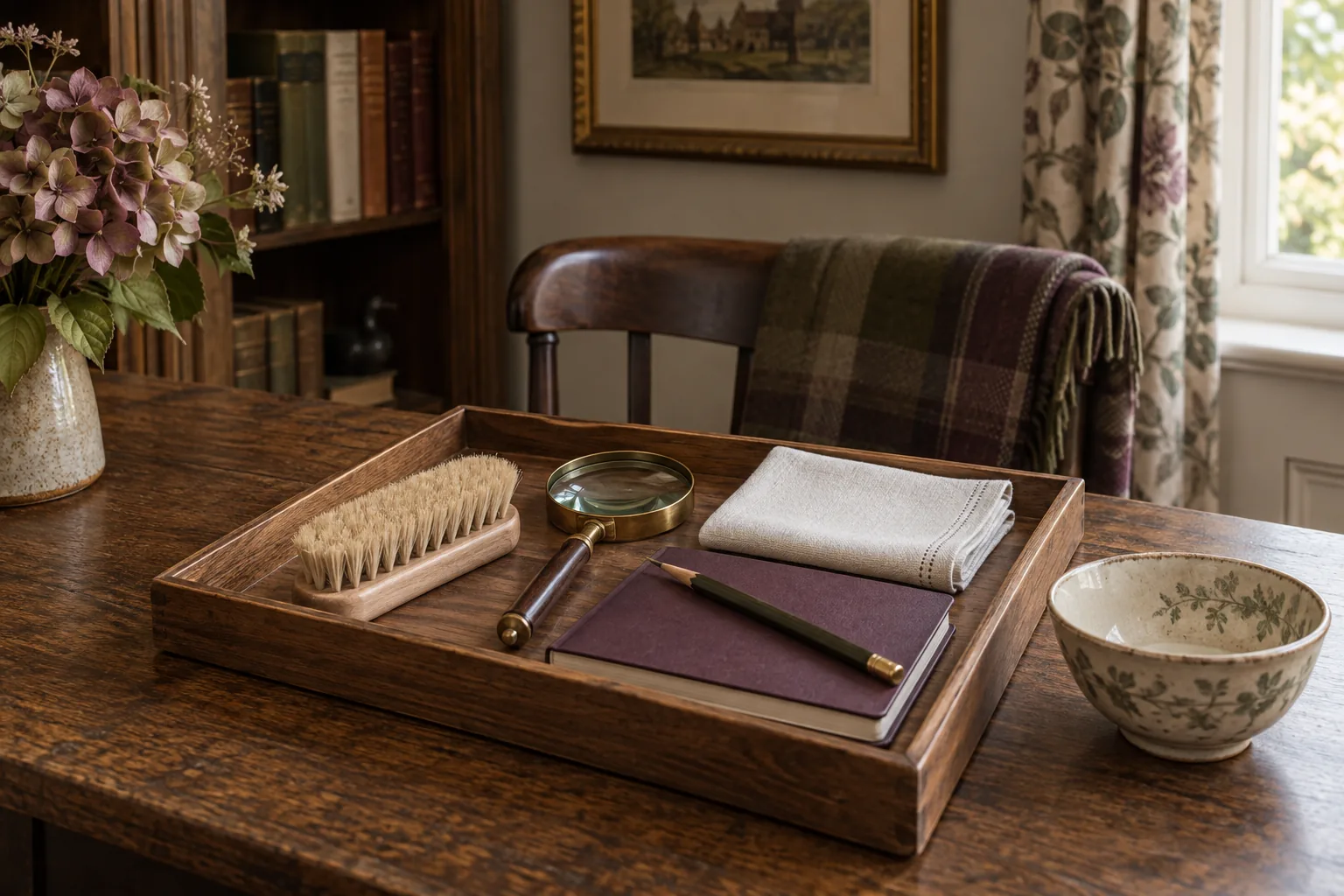 Minimal object-care kit neatly in shallow wooden tray: soft natural brush, magnifier, clean folded cotton cloth, pencil and closed plain notebook, no polish bottles; beside a small intact ceramic bowl