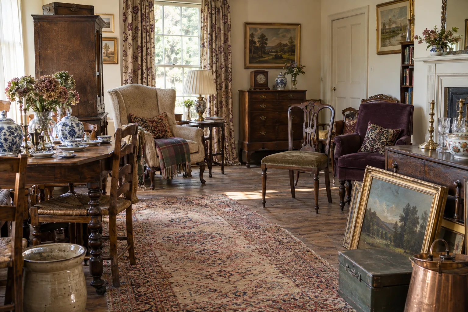 Wide view into a house clearance room containing a mixed but plausible cluster of old chairs, framed landscape leaning safely, china on sturdy table and small chest; orderly aisles and discernible separate objects