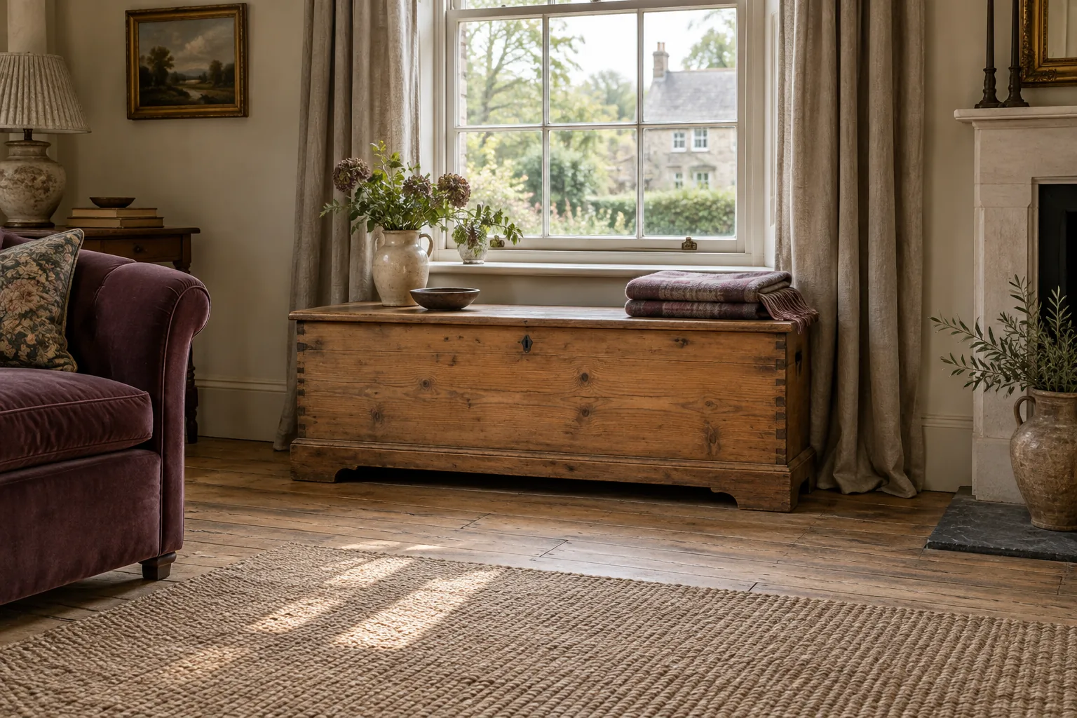 Pine blanket chest beneath a living-room window.