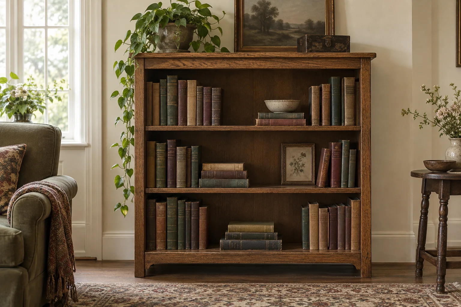 Illustrative wooden bookcase holding a varied collection of books