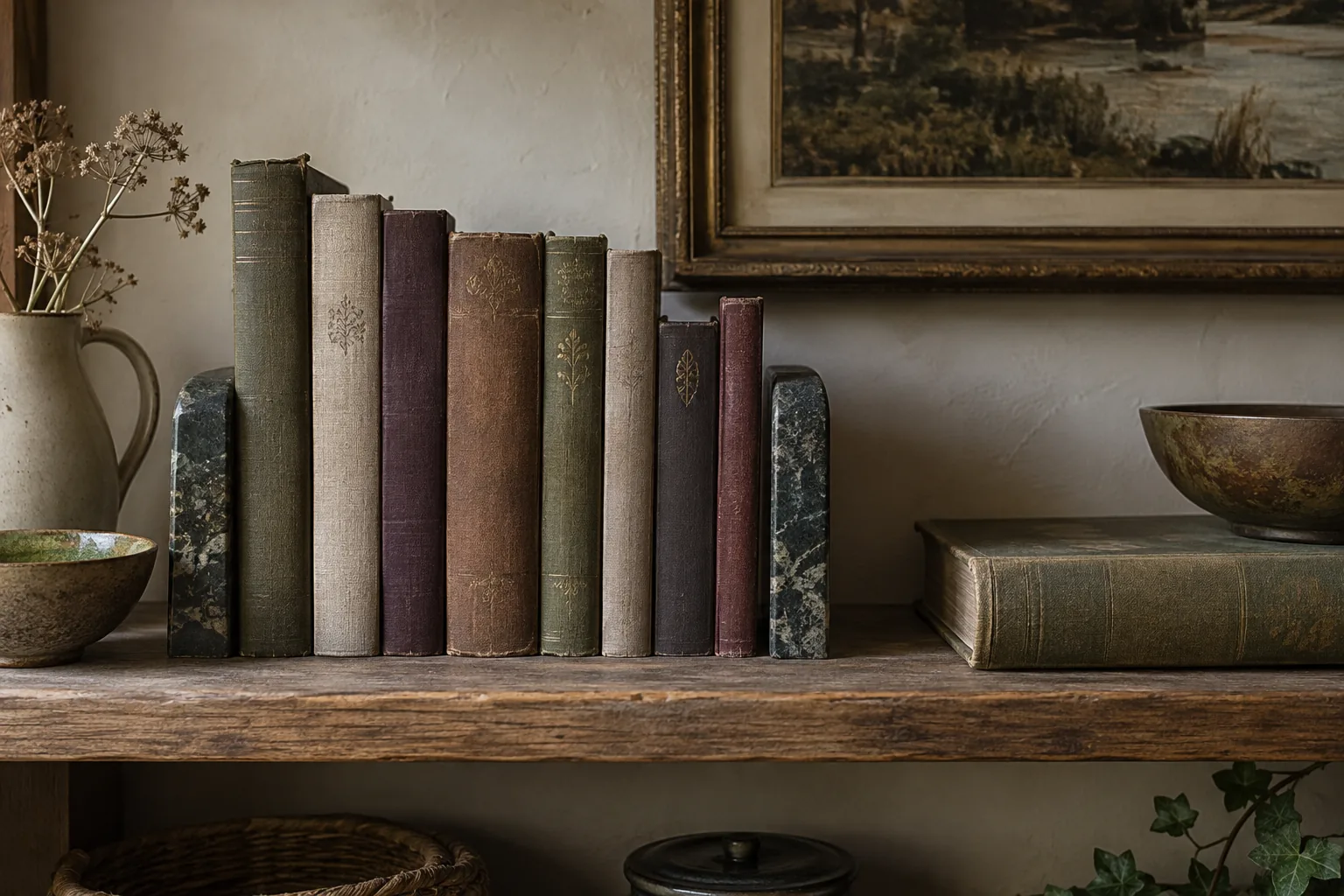 Upright books supported by bookends with room to remove them.