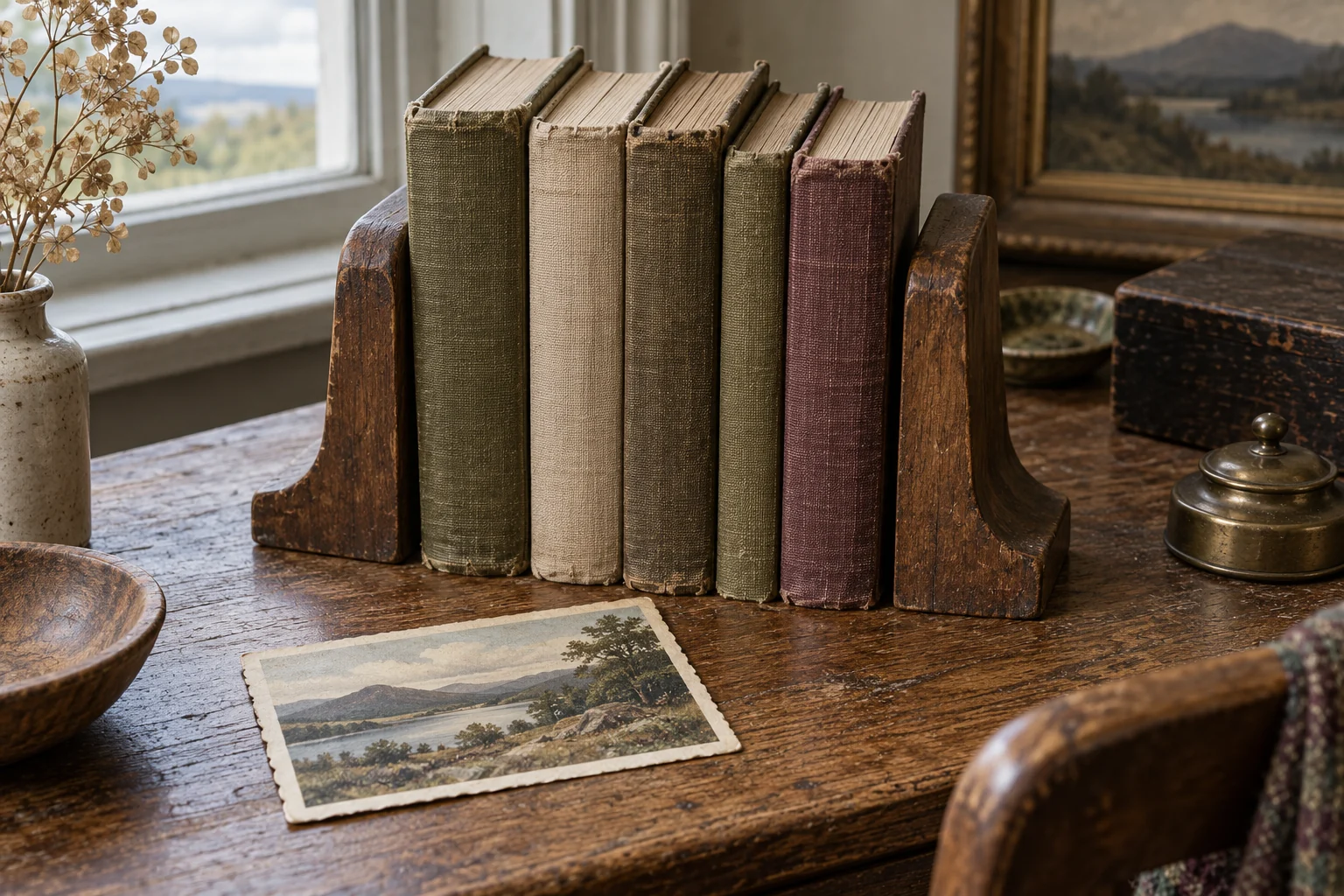 Illustrative cloth-bound books with paper collectibles and bookends