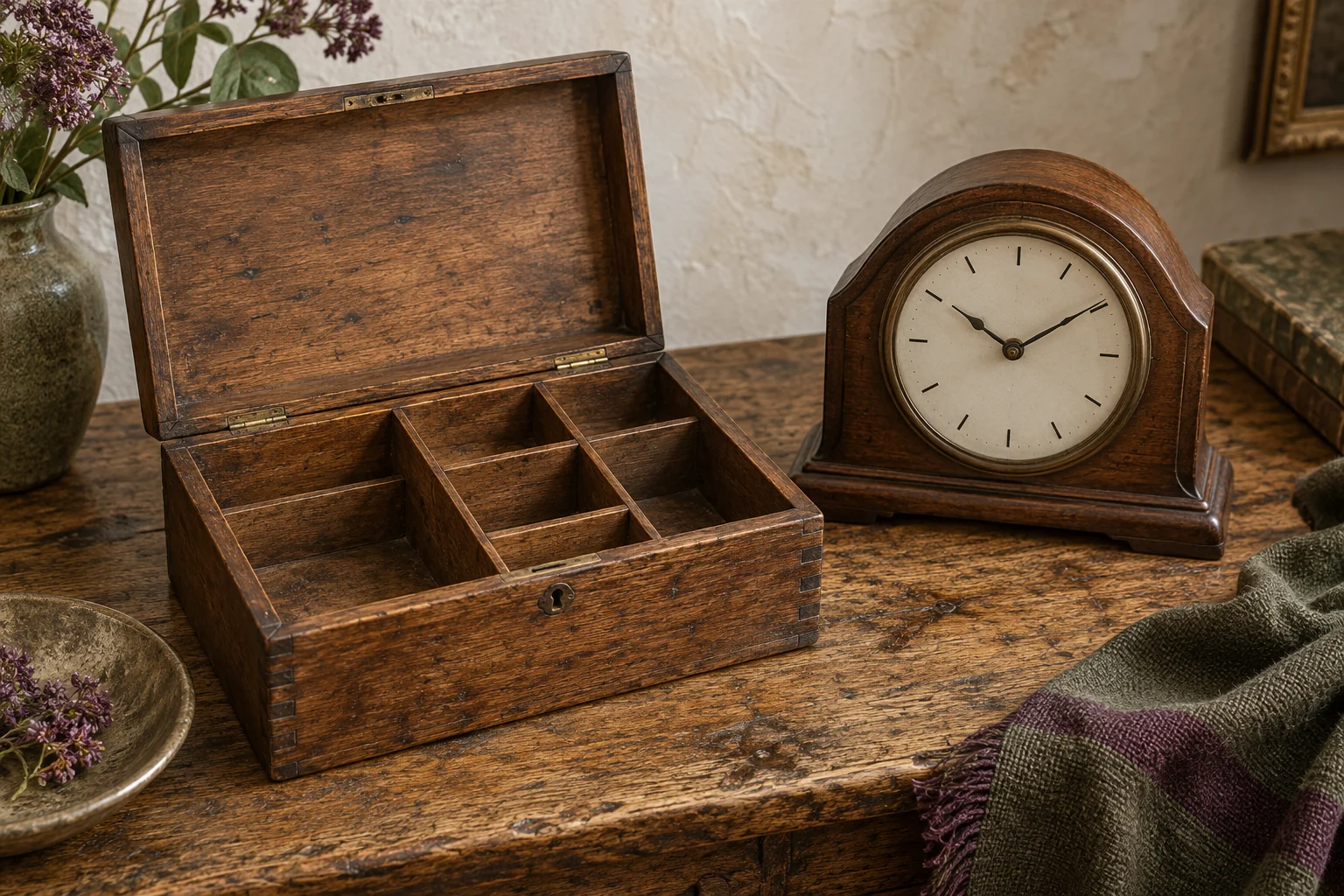 Illustrative wooden keepsake box and small collected objects