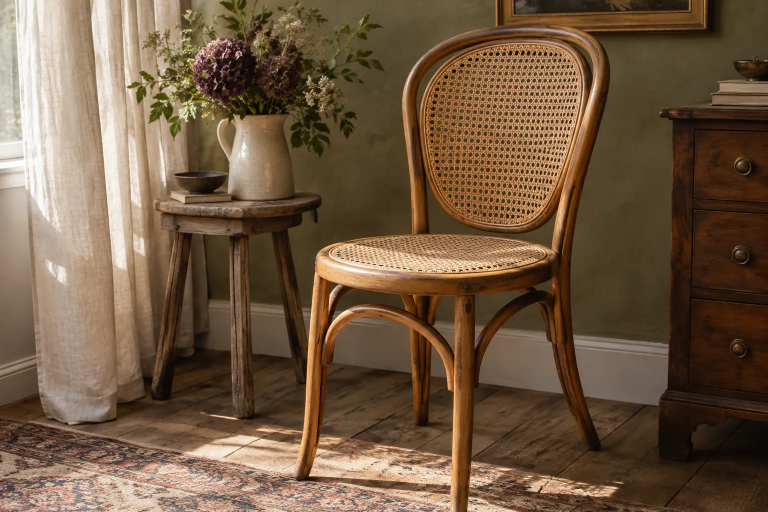 Close three-quarter view of a honey-coloured bentwood cane chair, intact woven seat and curved back fully visible, beside an olive plaster wall and cream curtain, sunlight making woven texture legible