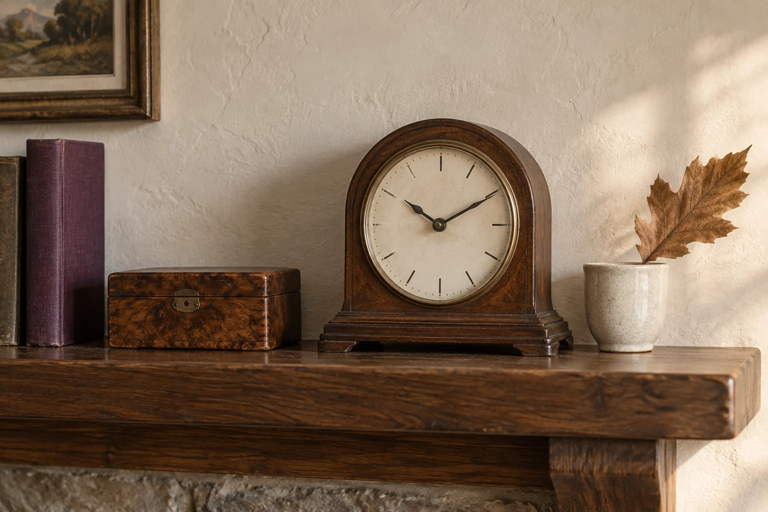 Illustrative wooden mantel clock and keepsake box on a shelf