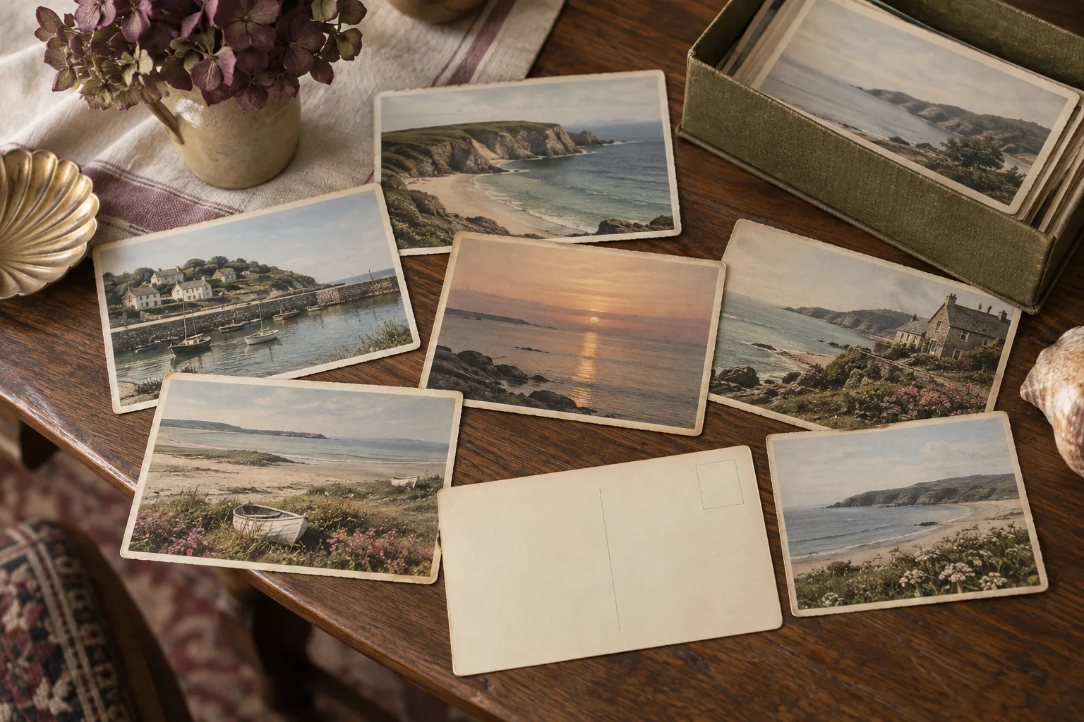 Overhead still life of six vintage postcards depicting different quiet seaside views, one blank unprinted reverse turned upward, a shallow archival box at side, no legible writing anywhere