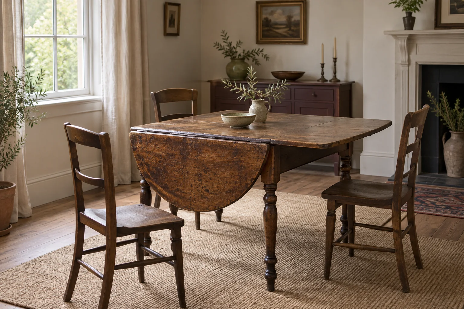 Illustrative vintage wooden dining table and chairs in a warm room