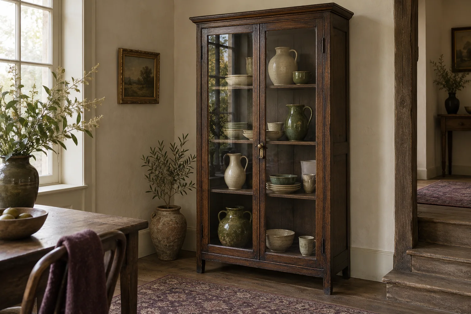 Illustrative glazed wooden cabinet displaying ceramic objects