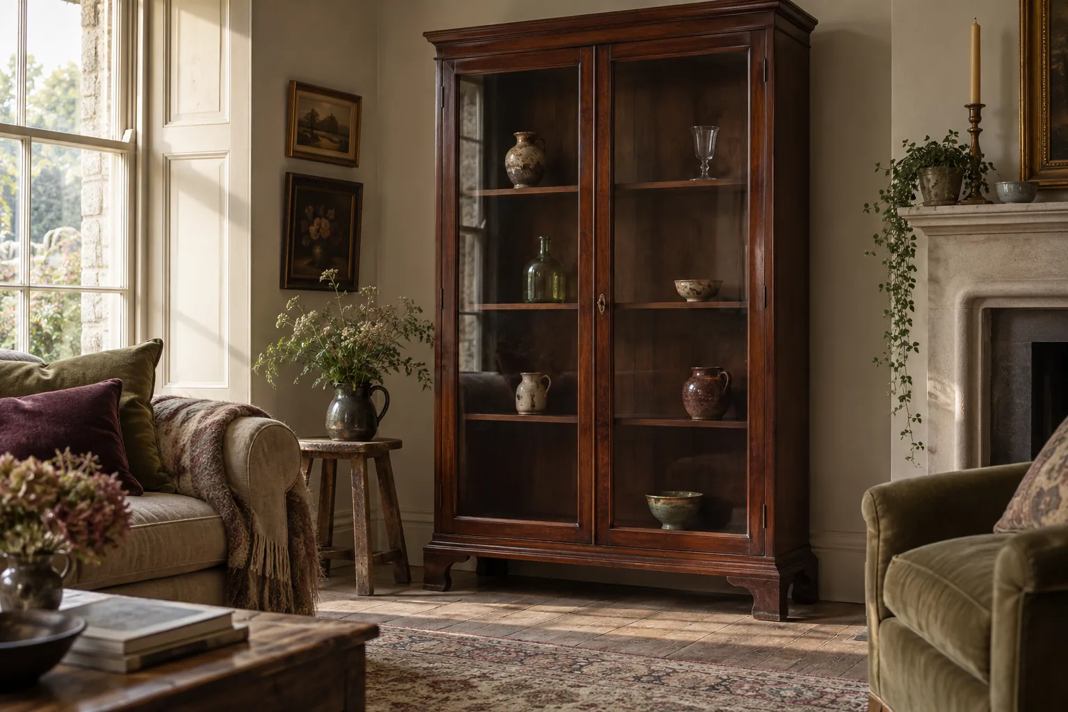 Glazed wooden cabinet with a small collection and room to grow.