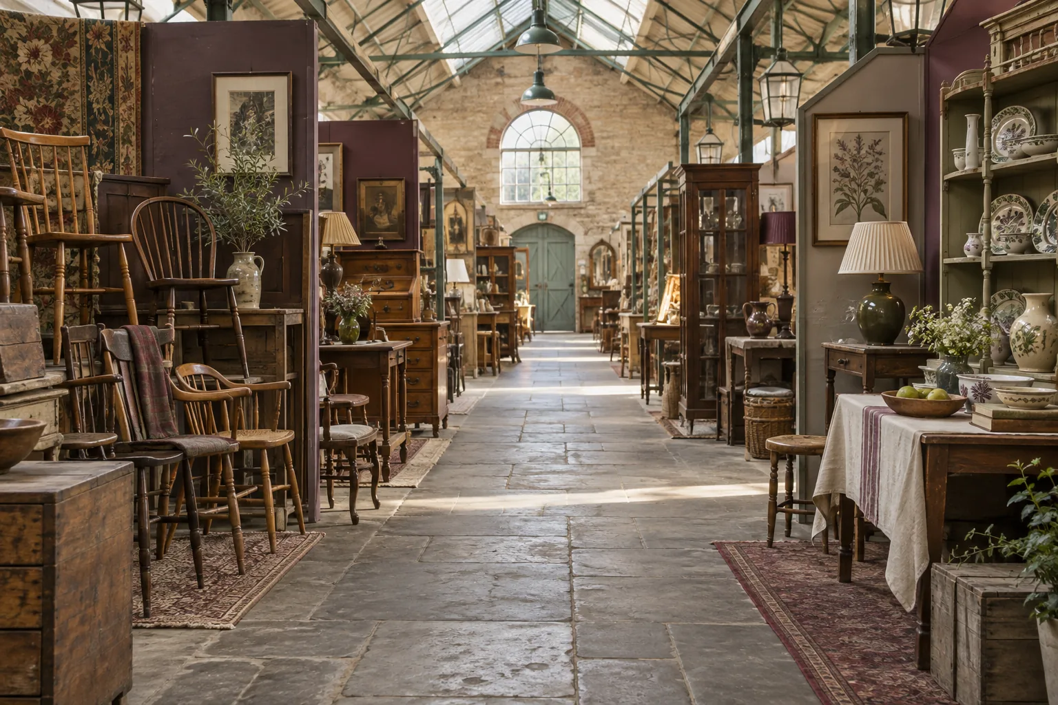A quiet covered vintage market aisle lined with furniture and ceramics.