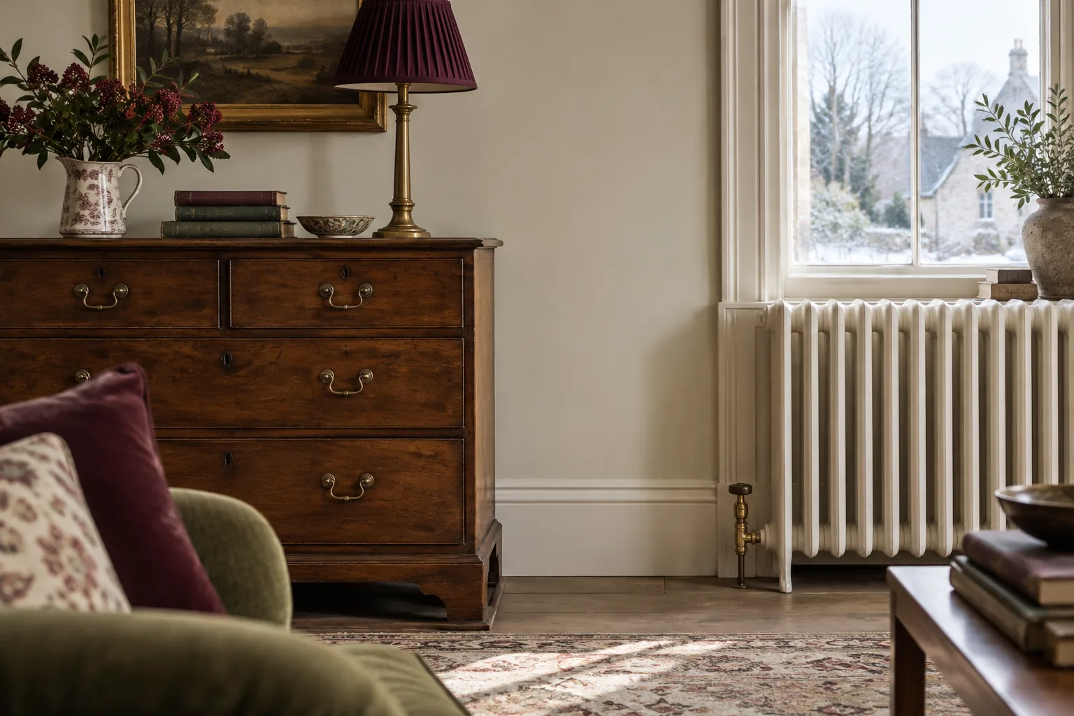 Side view of a wooden vintage chest positioned well away from a white cast iron radiator, visible breathing gap and empty wall between, cream room with winter daylight, safe arrangement