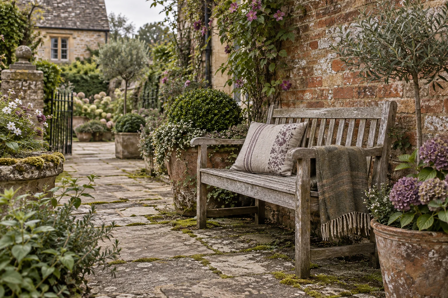 Illustrative weathered wooden bench in a quiet brick courtyard