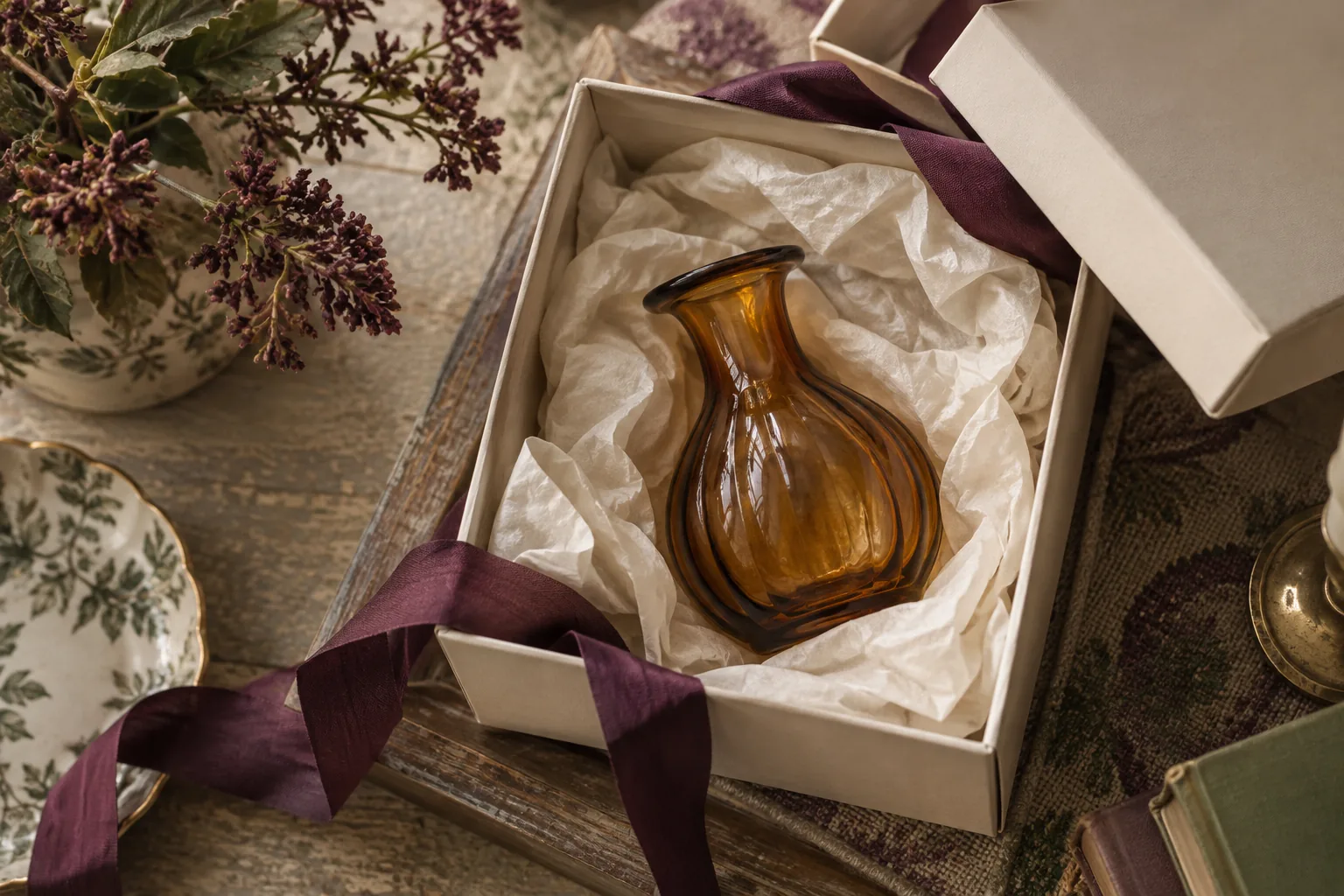 An amber glass vase nestled in a tissue-lined gift box.