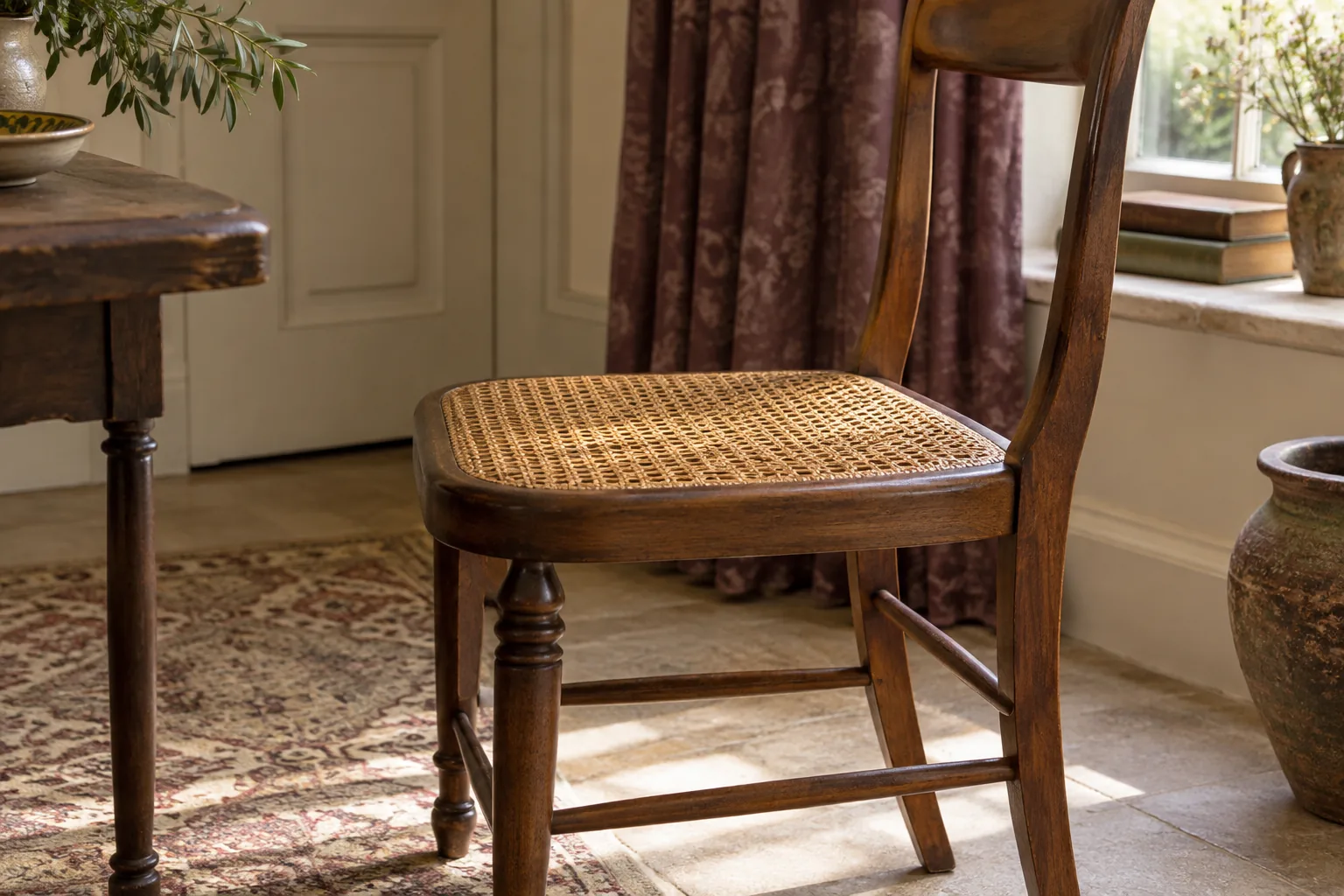 A close view of an intact woven cane seat and its wooden chair frame.
