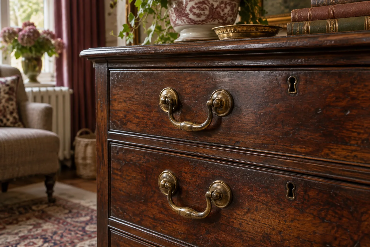 Detailed close view of two original brass drawer handles on a dark mahogany chest, uneven warm patina and natural wear, fittings remain attached, rich surface texture with soft daylight