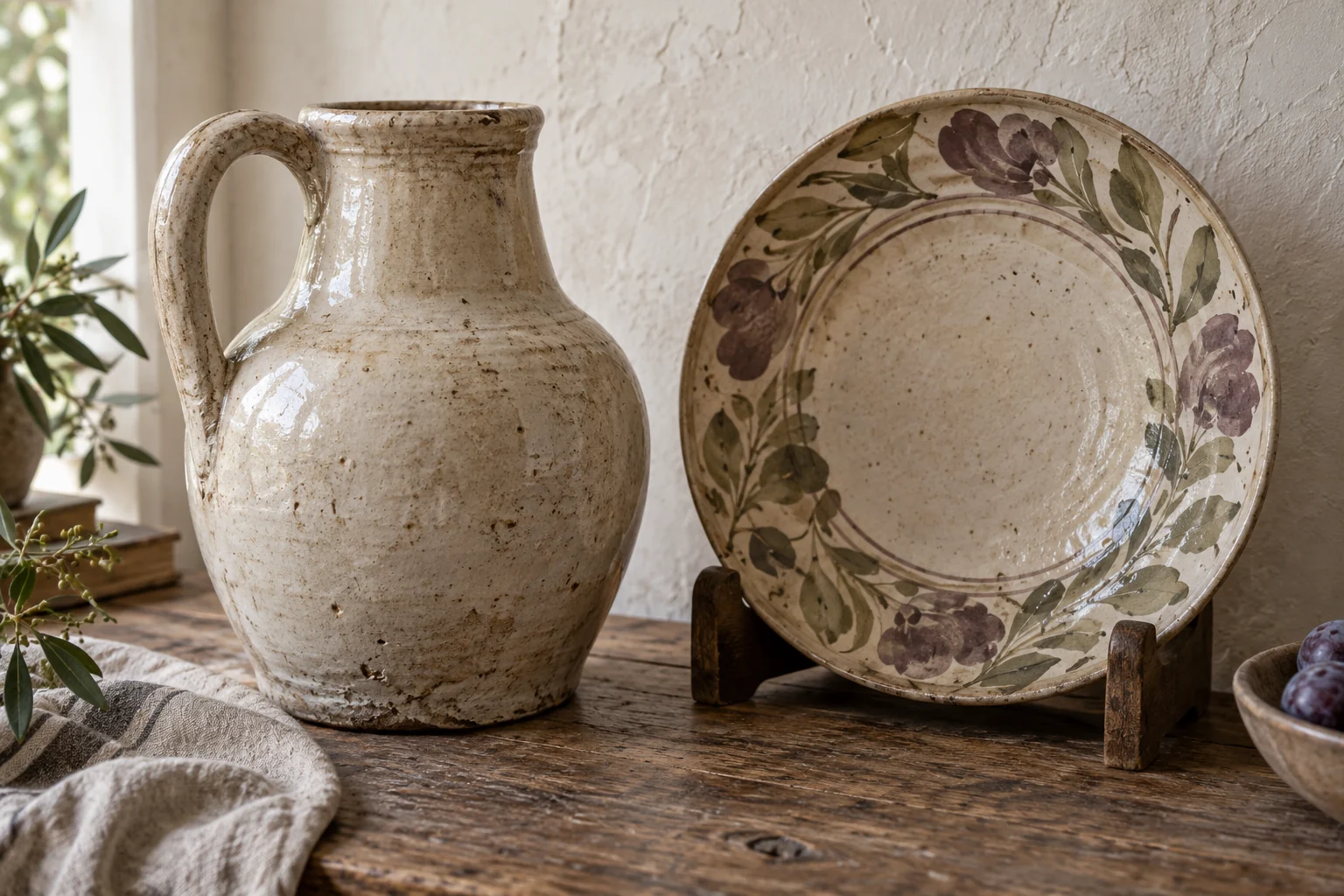 Illustrative stoneware jug and decorative platter on a wooden surface