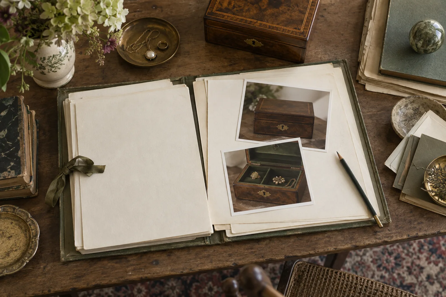 Wooden box beside a folder holding photographs and purchase paperwork.