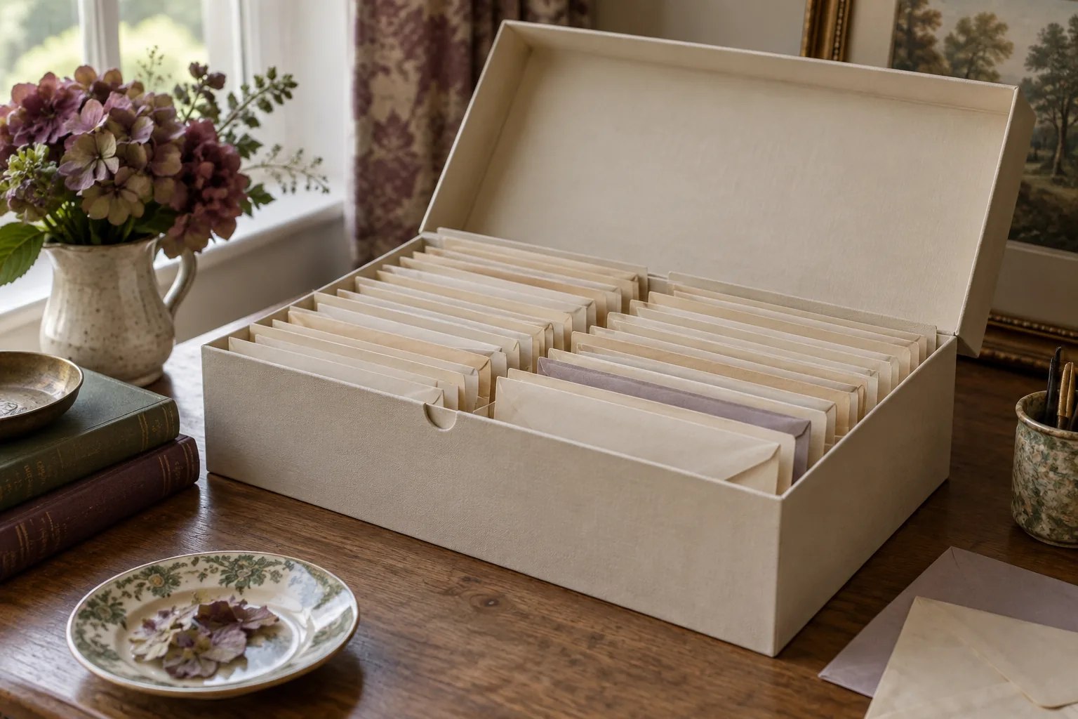 An open archival-style box holding neatly separated paper folders.