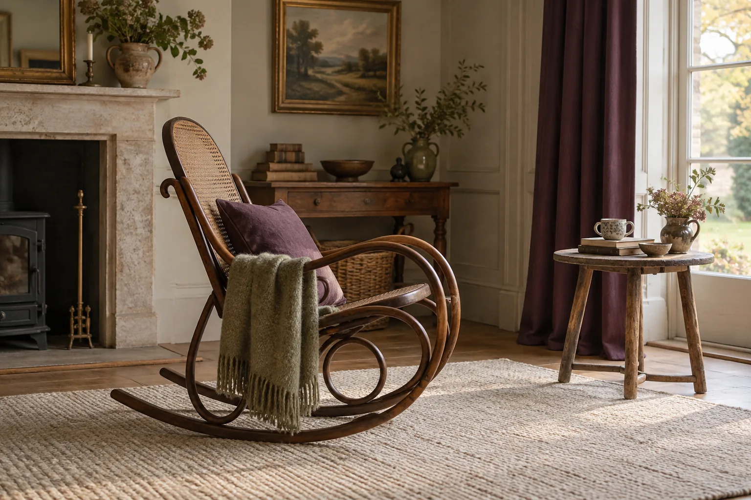 Bentwood rocking chair with clear space around its curved runners.