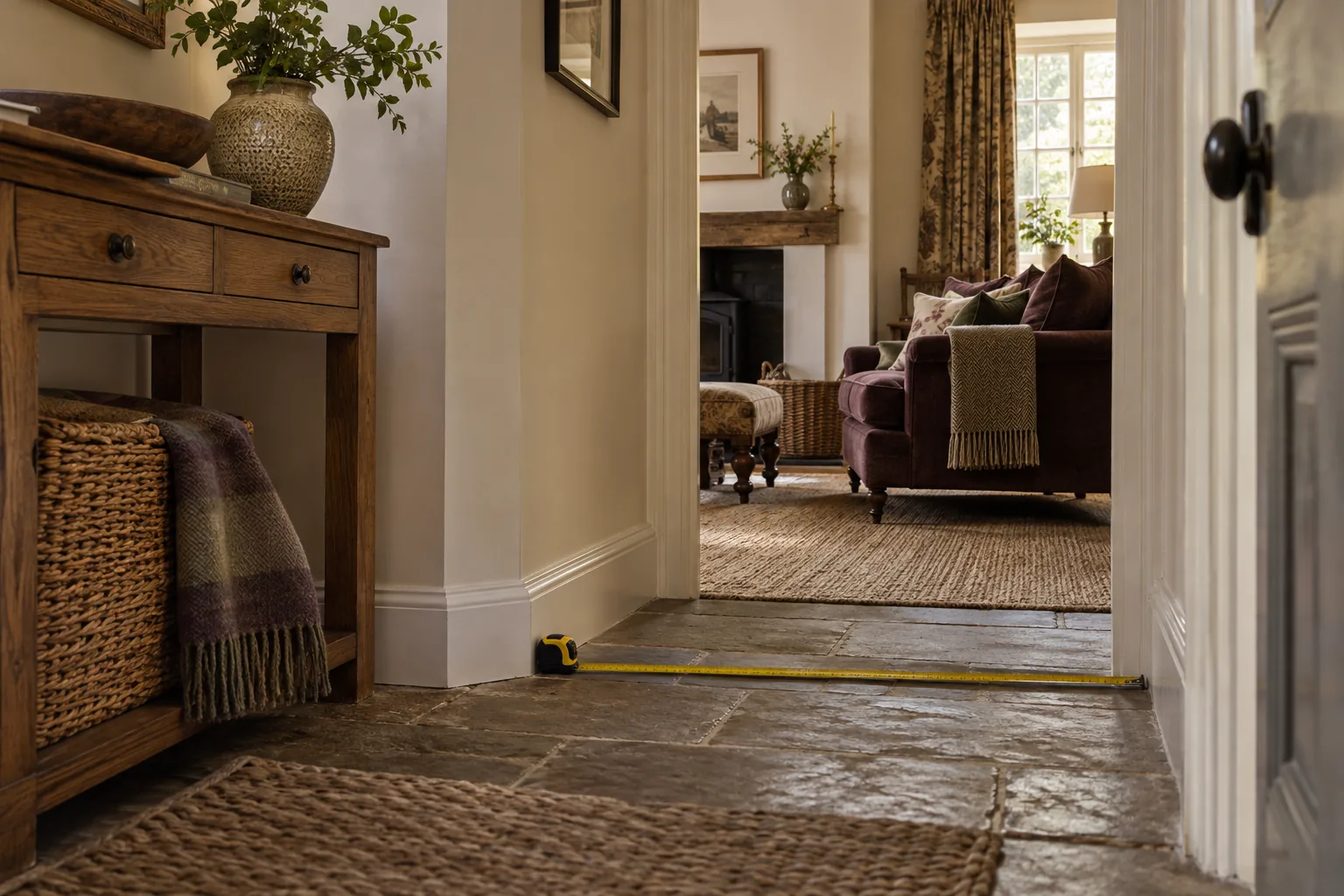 Low wide view along a narrow English entrance passage with an awkward turn into a sitting room, a closed oak console waiting nearby, measuring tape laid flat along threshold, no legible numbers, architecture clearly shows delivery route