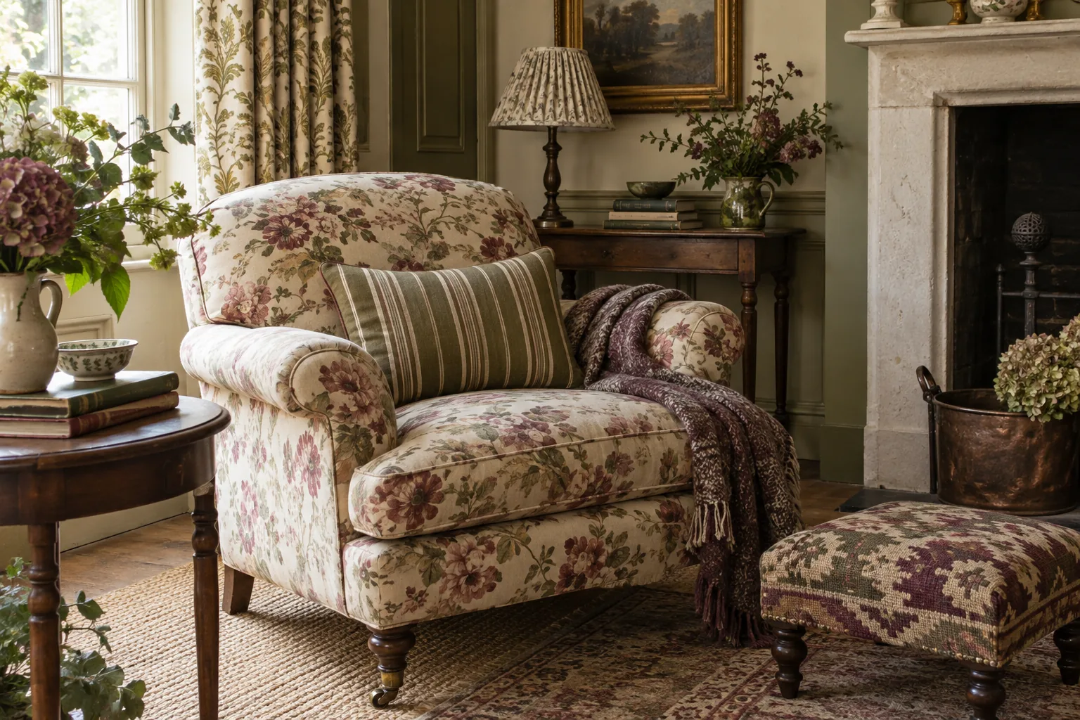A floral armchair with a striped cushion and geometric patterned footstool.
