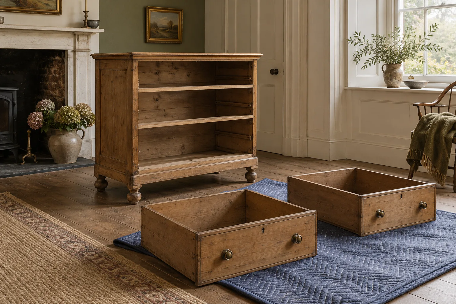 Pine chest with drawers removed and resting separately on padded blankets.