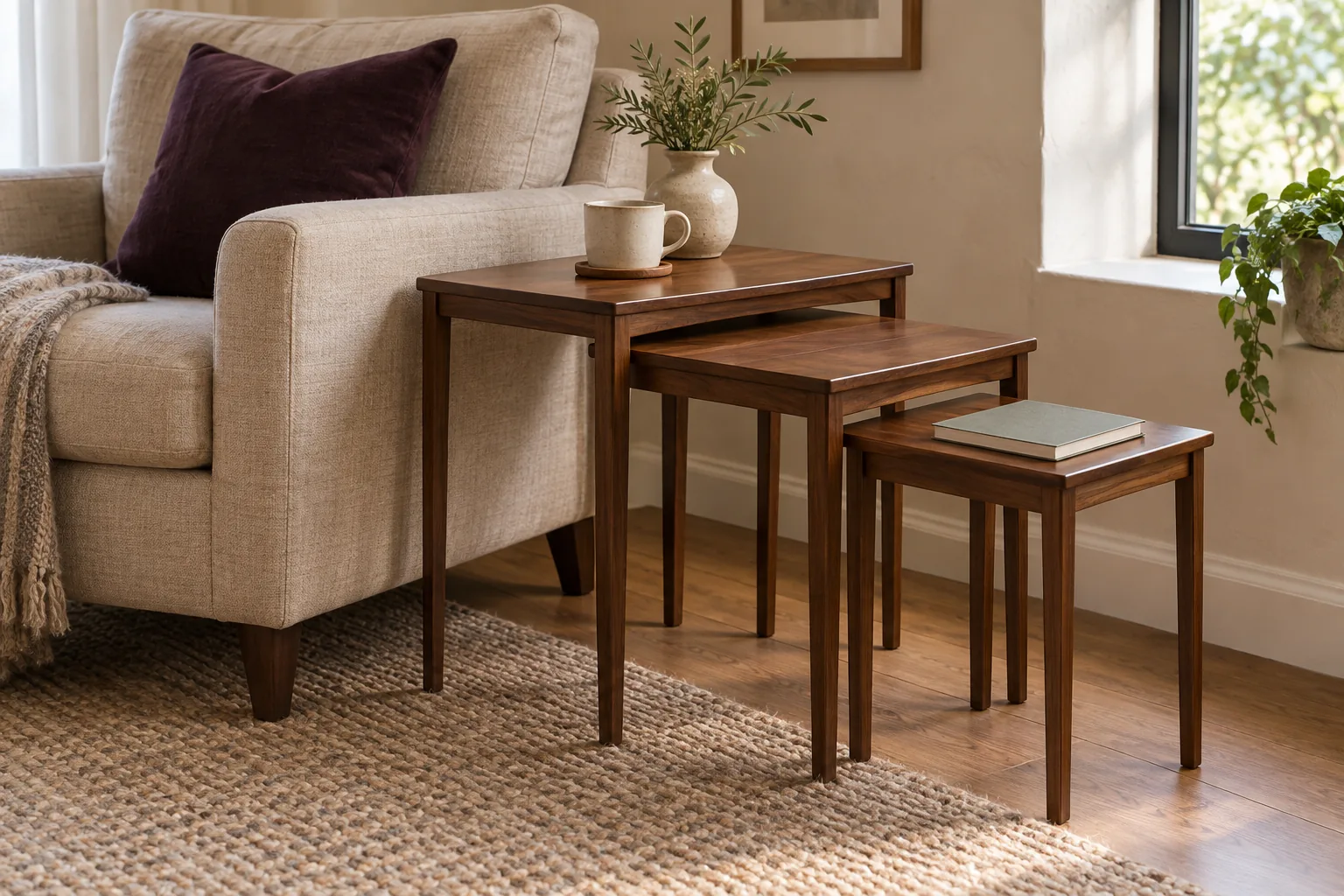 Three graduated vintage nesting tables drawn apart beside a linen armchair