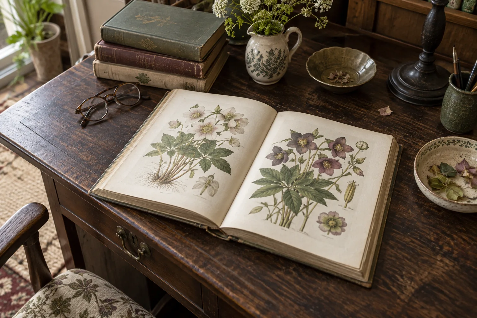 An open illustrated gardening book beside older volumes and reading glasses.