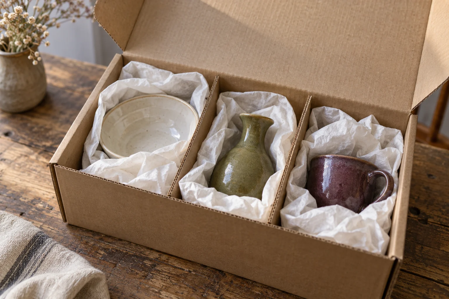 Illustrative supported ceramics and packing materials on a work table