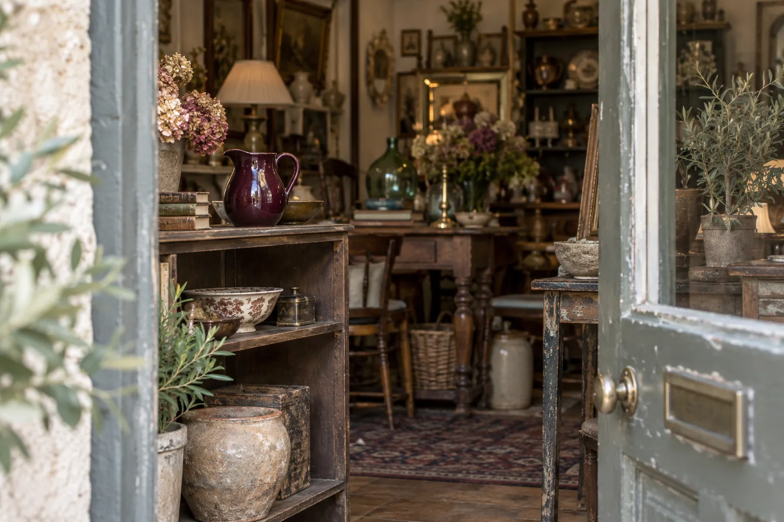 Plum-glazed jug seen from a little distance in a vintage shop.