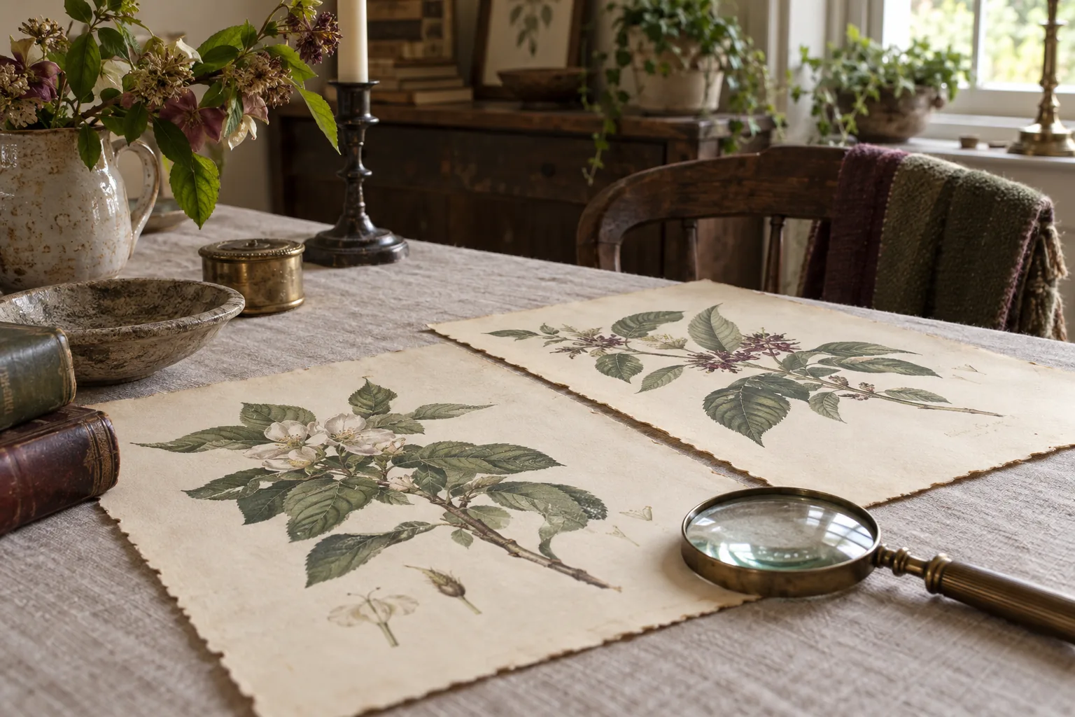 Botanical prints laid out for a closer look at their paper and detail.