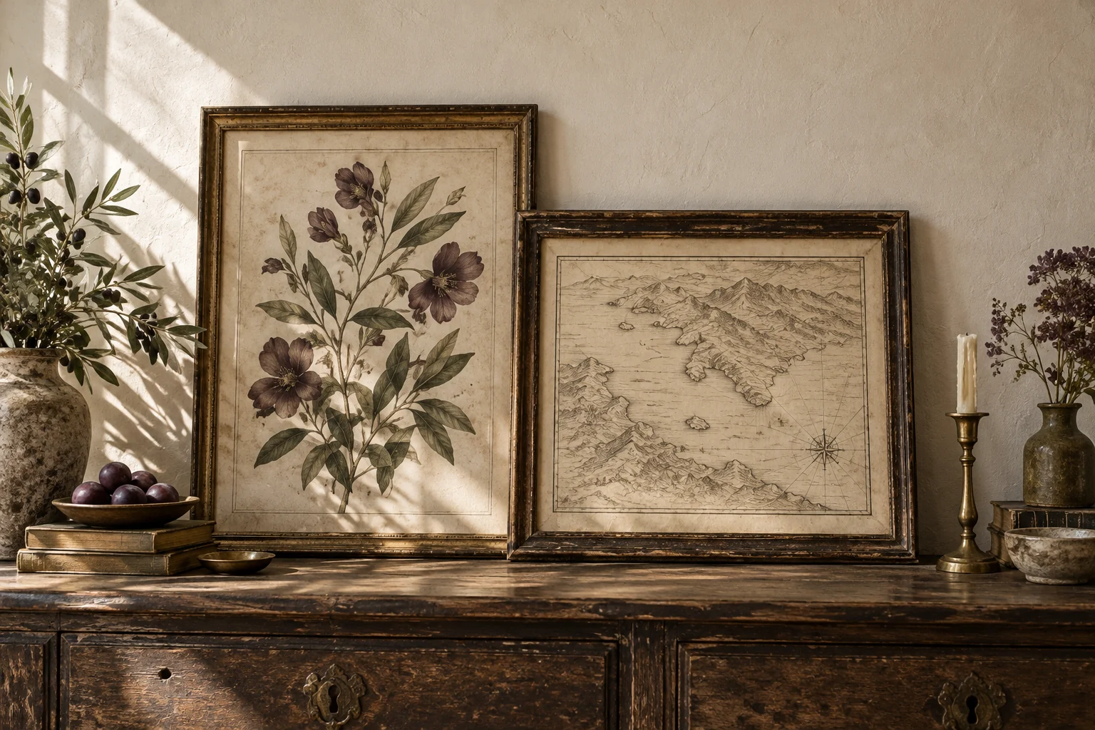 Illustrative old-style framed botanical pictures and a map