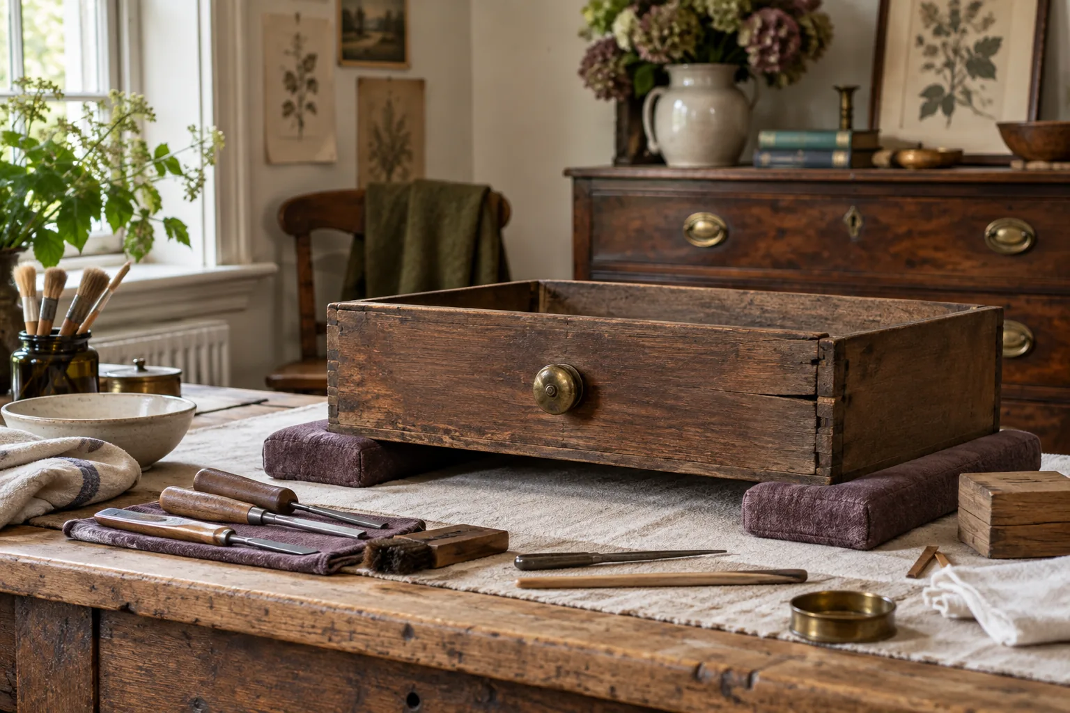 An old drawer supported on padded blocks on a tidy workbench.