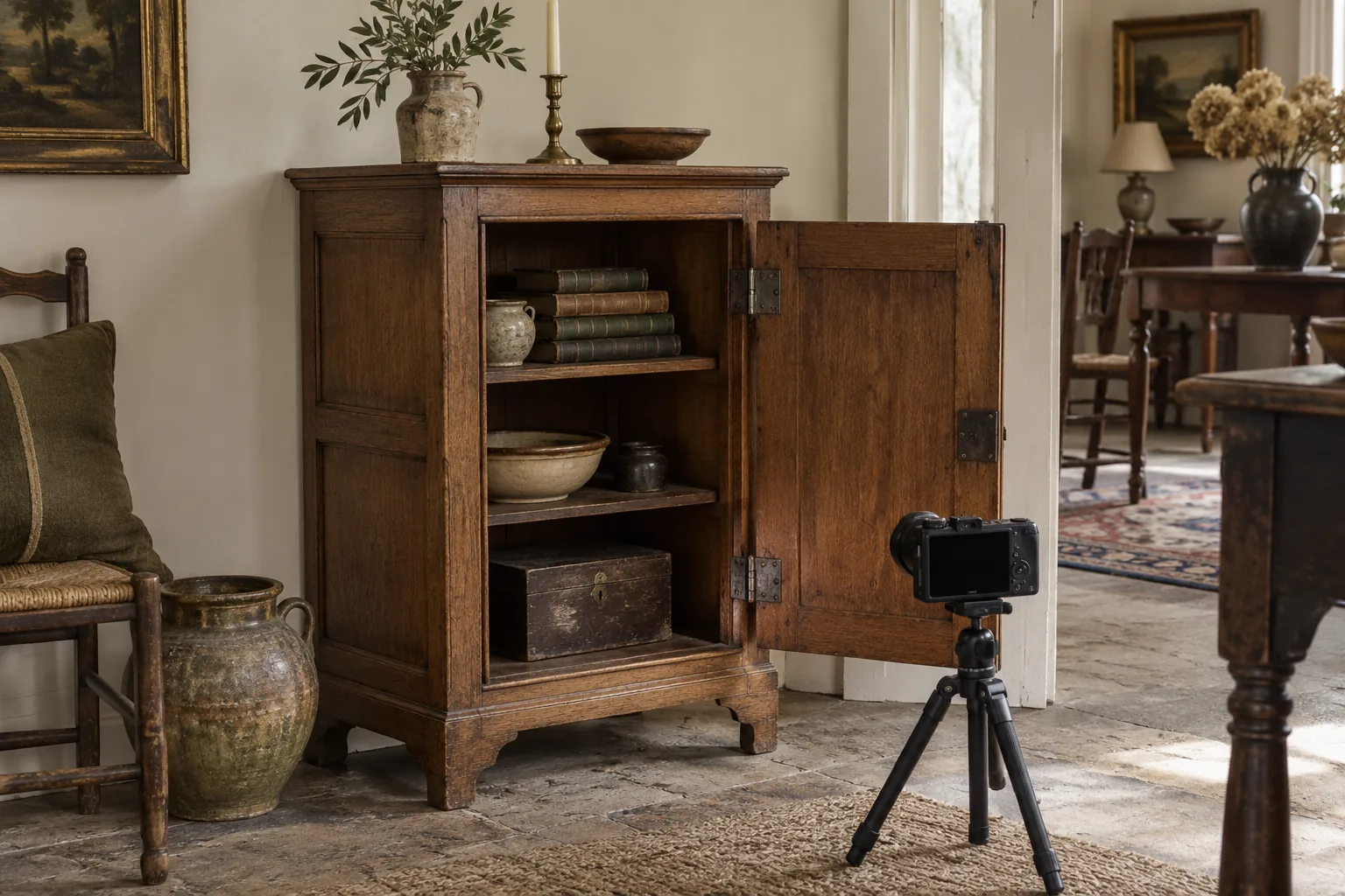 Camera positioned to photograph the hinge of an open oak cabinet.