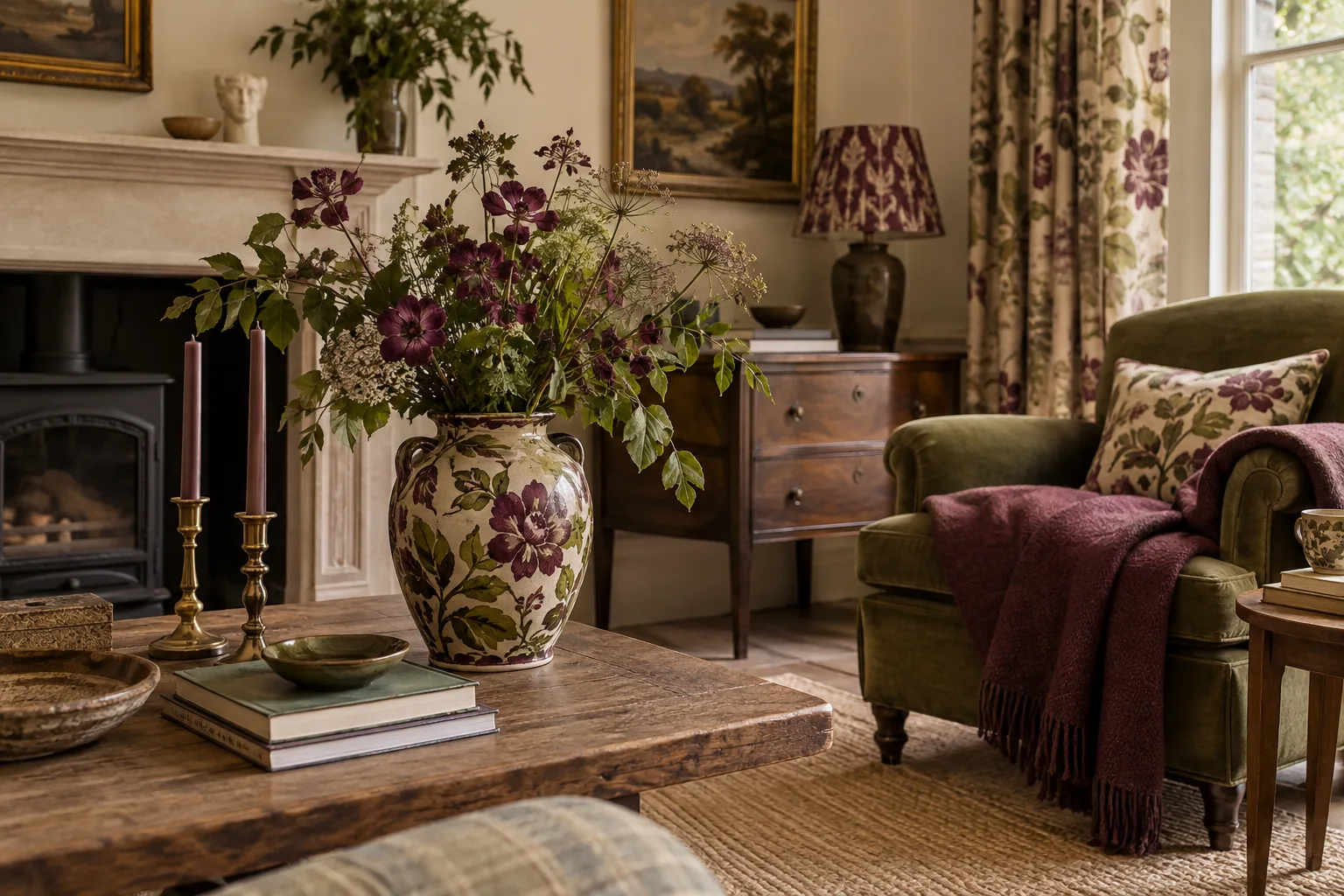 Close room vignette anchored by a distinctive olive and plum floral ceramic vase, its colours quietly echoed in a plum throw, olive chair and cream wall, no paint swatch labels