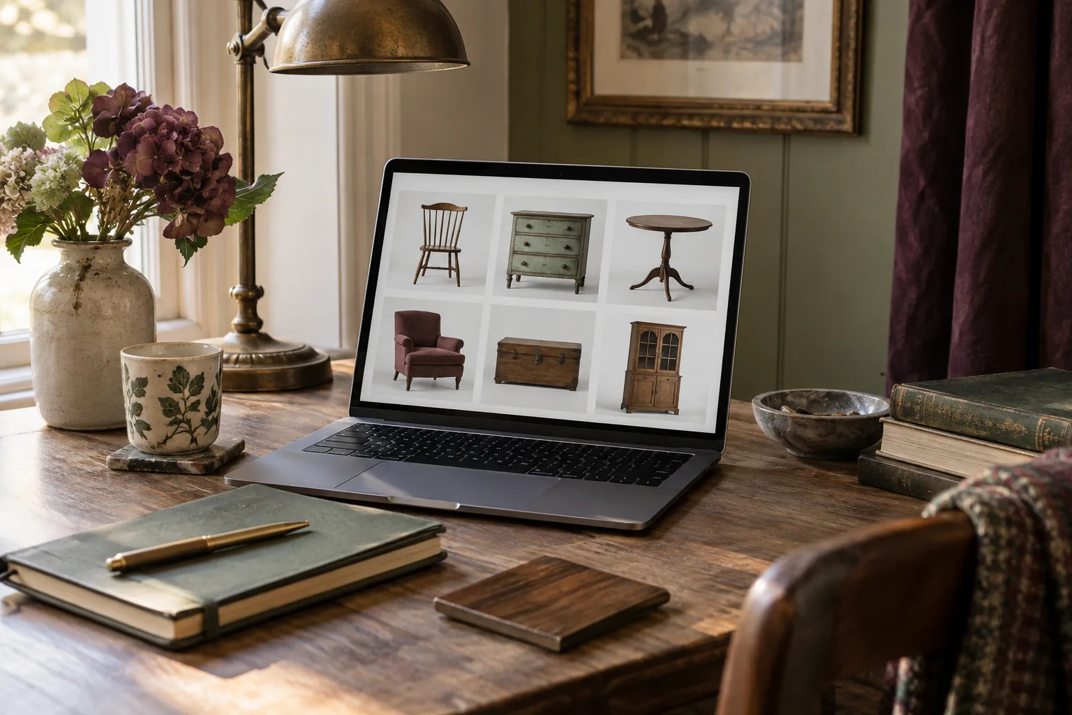 Vintage buying search scene on a compact desk: laptop seen obliquely with a generic image-only grid of six distinct small furniture silhouettes, closed search notes and one sample wood finish, no readable screen text