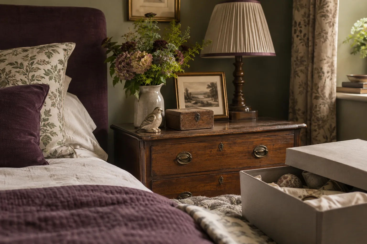 Small sentimental display: one worn wooden keepsake box, an old ceramic bird and a modest framed sepia landscape on a bedside chest, other keepsakes protected inside a partially open plain archival box