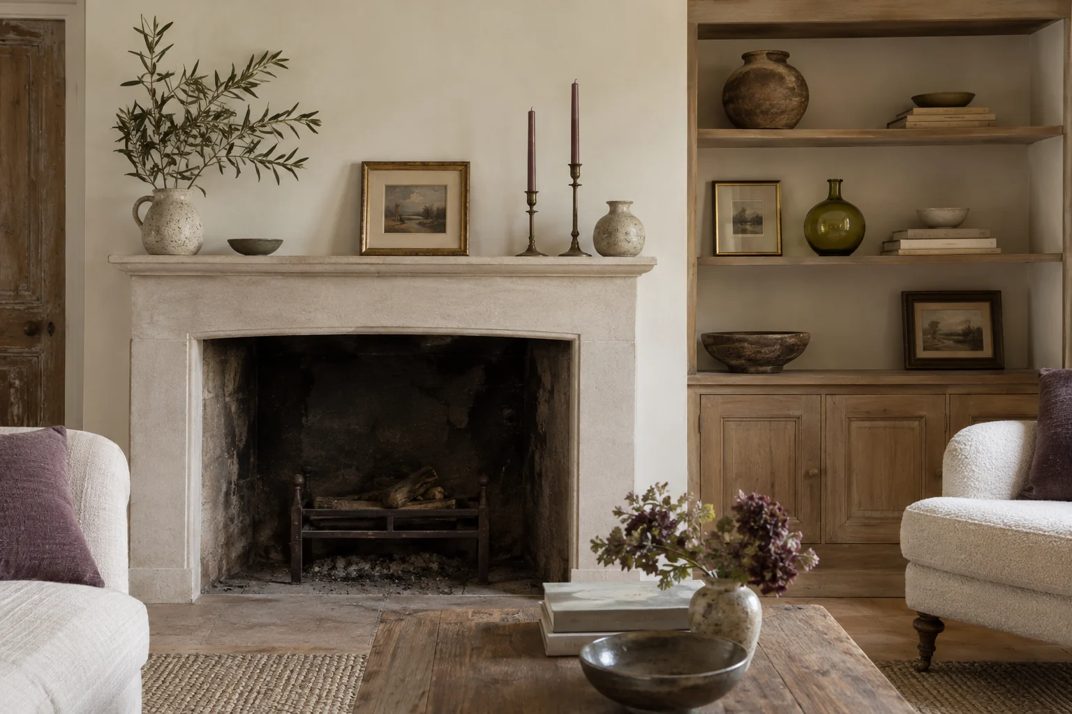 Illustrative shelves and mantel arranged with pottery and pictures