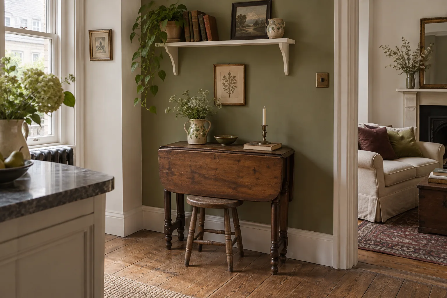 Folded drop-leaf table and tucked-in stool in a compact alcove.