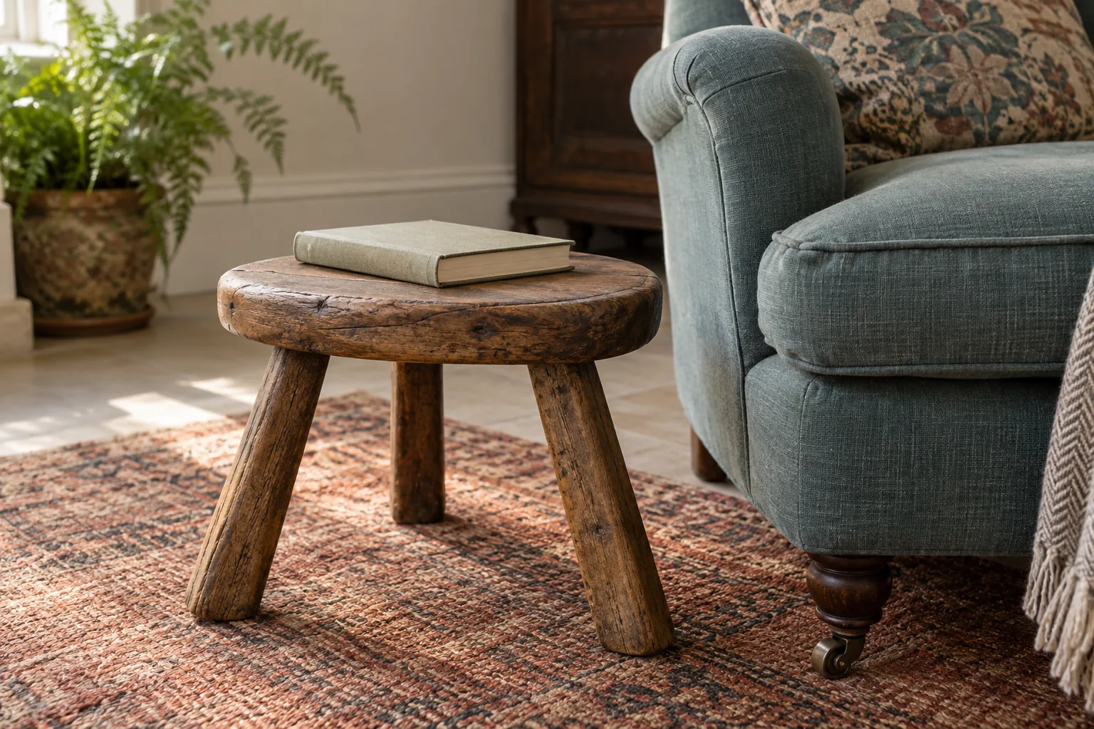 A low vintage wooden stool holding a book beside an armchair