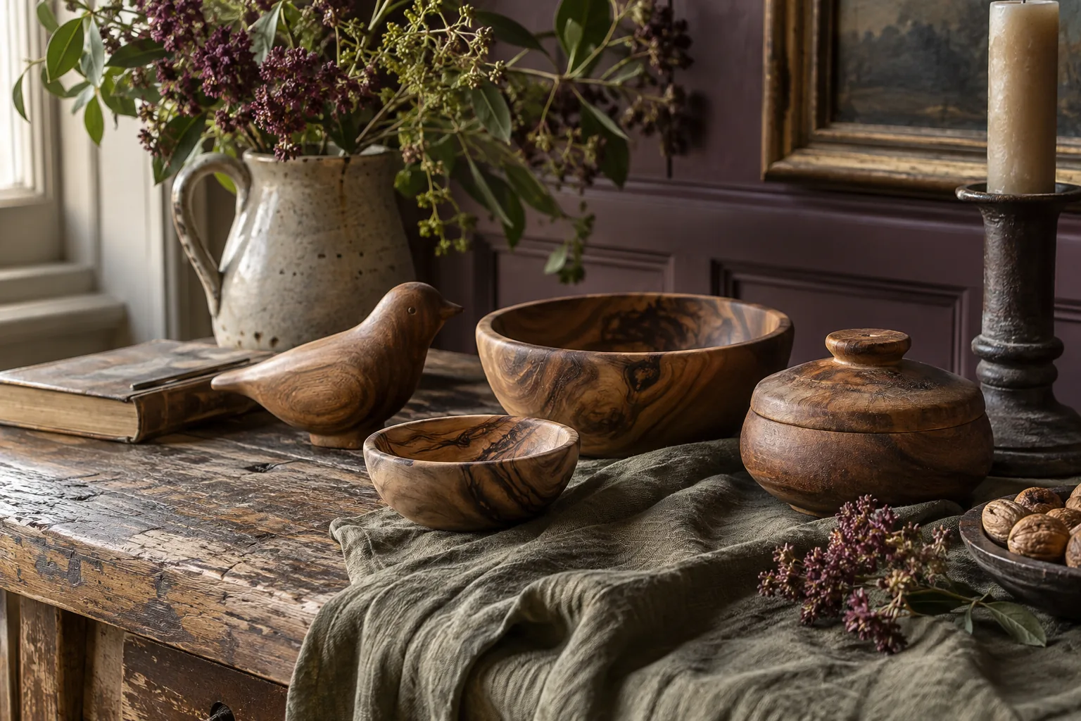 Intimate still life of small turned wooden bowls, a simple hand-carved bird and squat lidded wooden pot on an old worktable, rich grain, olive cloth, side light, objects have individual outlines