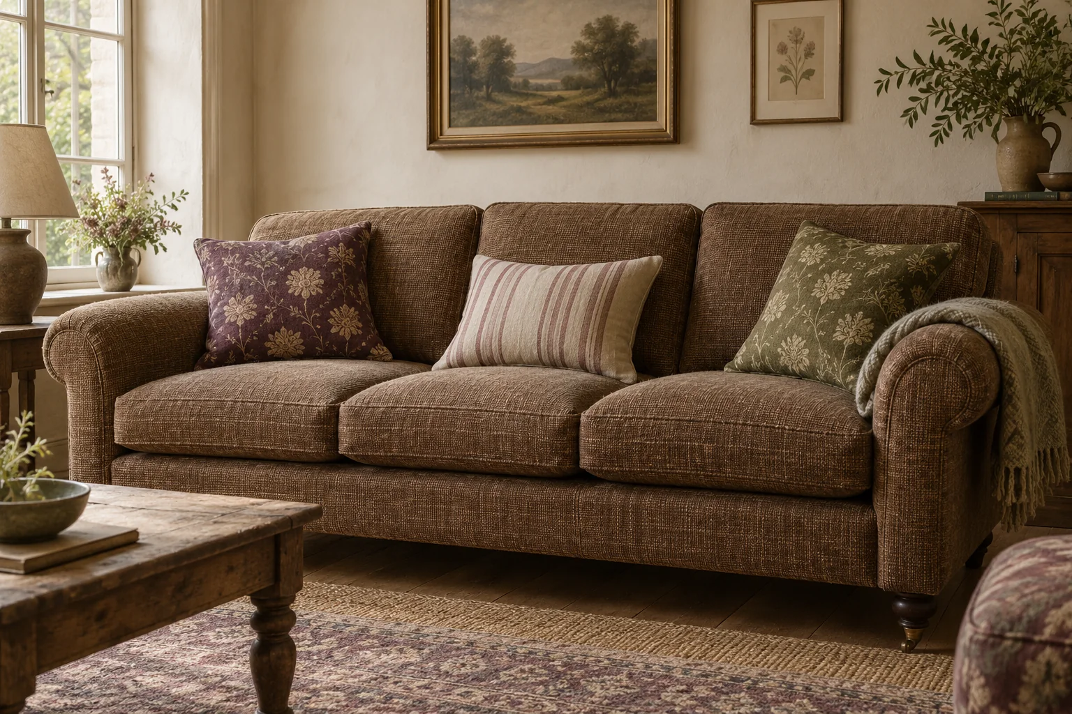 Illustrative vintage fabric sofa with layered cushions in a sitting room