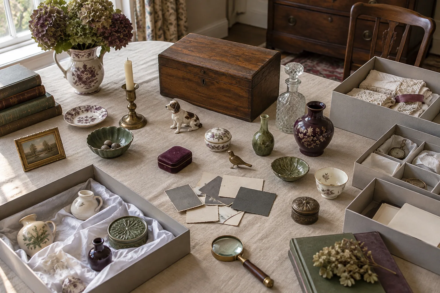 Ceramics, photographs and small inherited objects sorted across a linen-covered table.