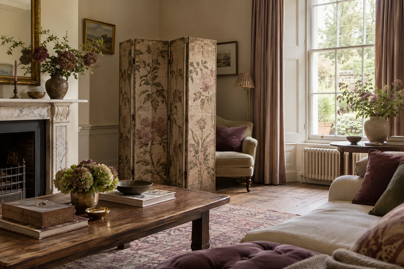 A three-leaf faded botanical fabric folding screen angled around a quiet corner of a cream sitting room, a low armchair partly sheltered behind it, tall window at right, wide spatial composition