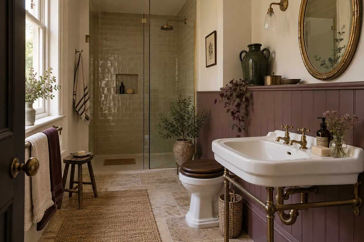 Airy bathroom with tiled wet area at rear, cream porcelain basin, small oval vintage mirror and dark green glazed ceramic vessel on a dry shelf far from shower, restrained functional vintage detail