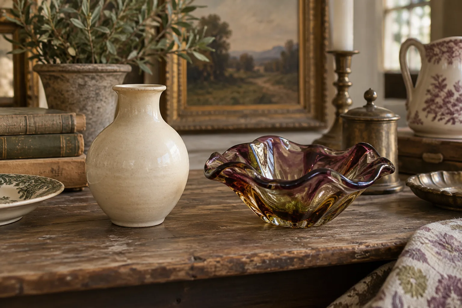 A cream ceramic vase beside a colourful sculptural glass bowl.