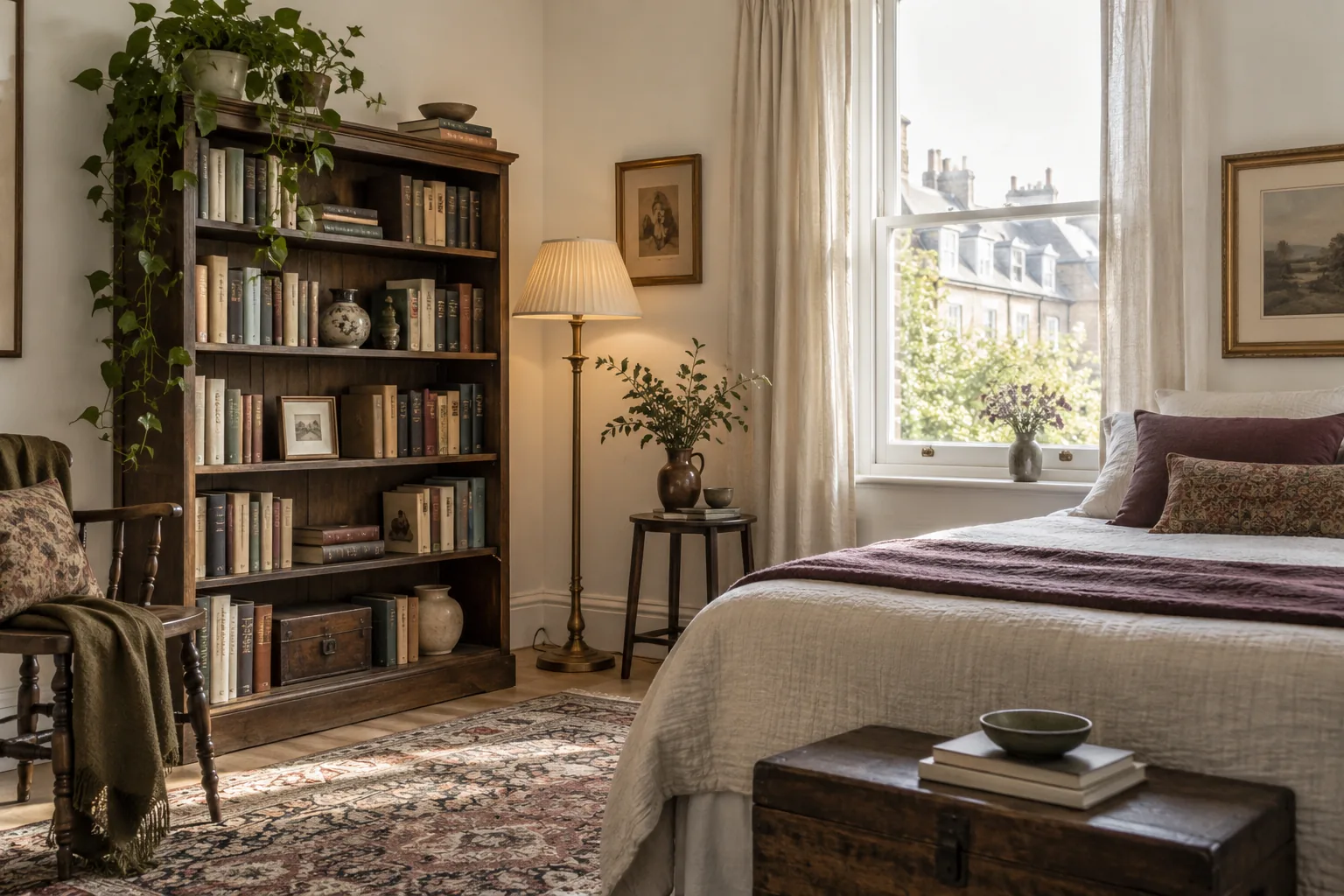 Bright simple rented room with neutral white walls, freestanding vintage bookcase, portable floor lamp, patterned rug and small personal pottery group; no mounted shelves, collected temporary home