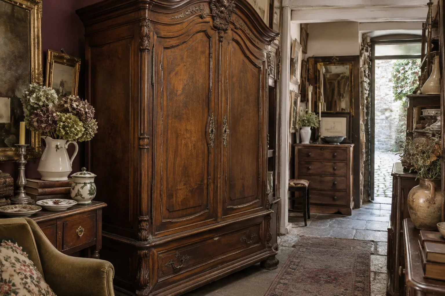 A large ornate wardrobe filling a narrow antiques shop corner.