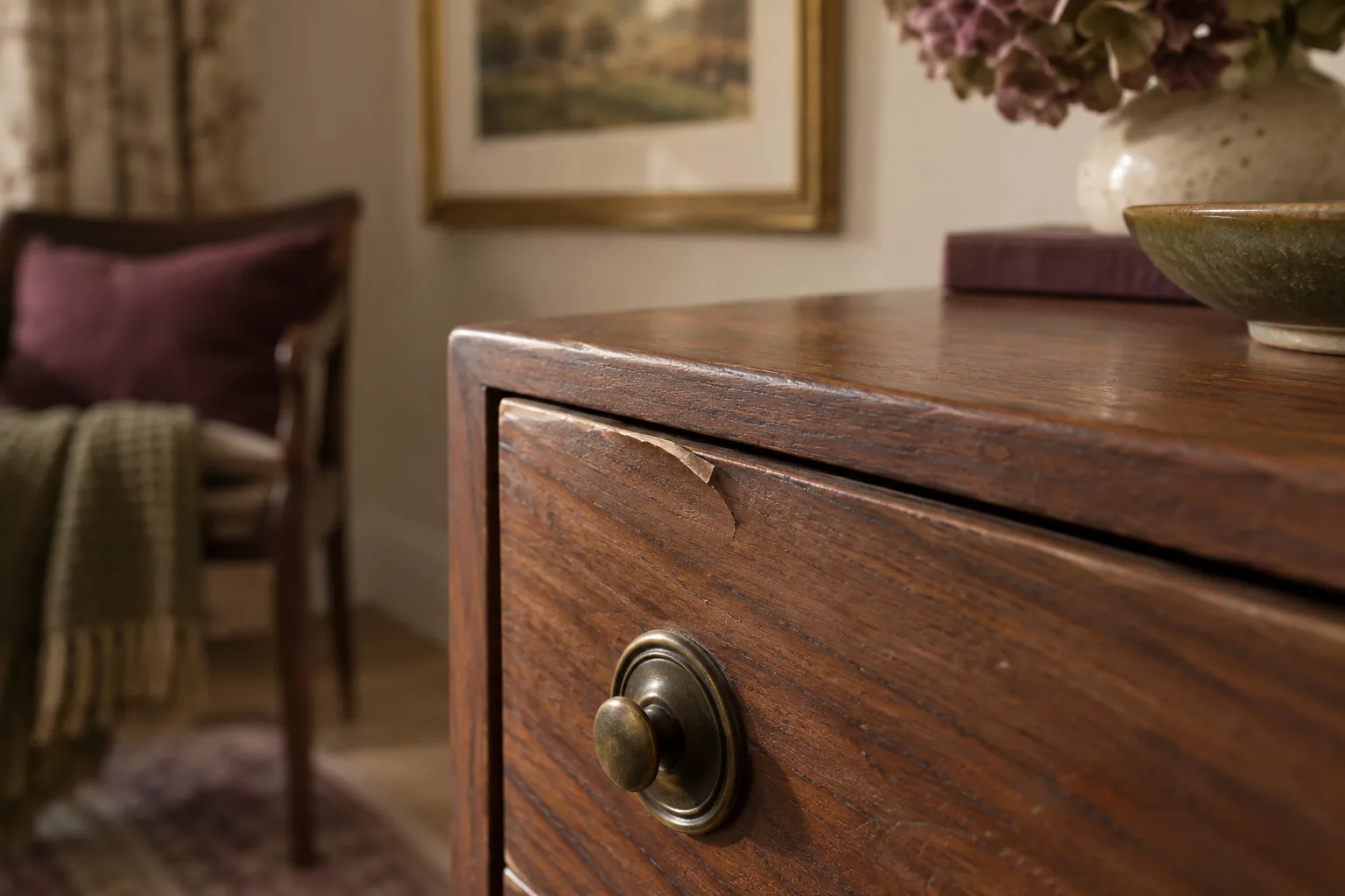 Macro editorial photograph of a small slightly lifted veneer edge on the corner of a walnut drawer front, intact wood around it, gentle raking light reveals edge, no tools touching or glue, credible minor damage